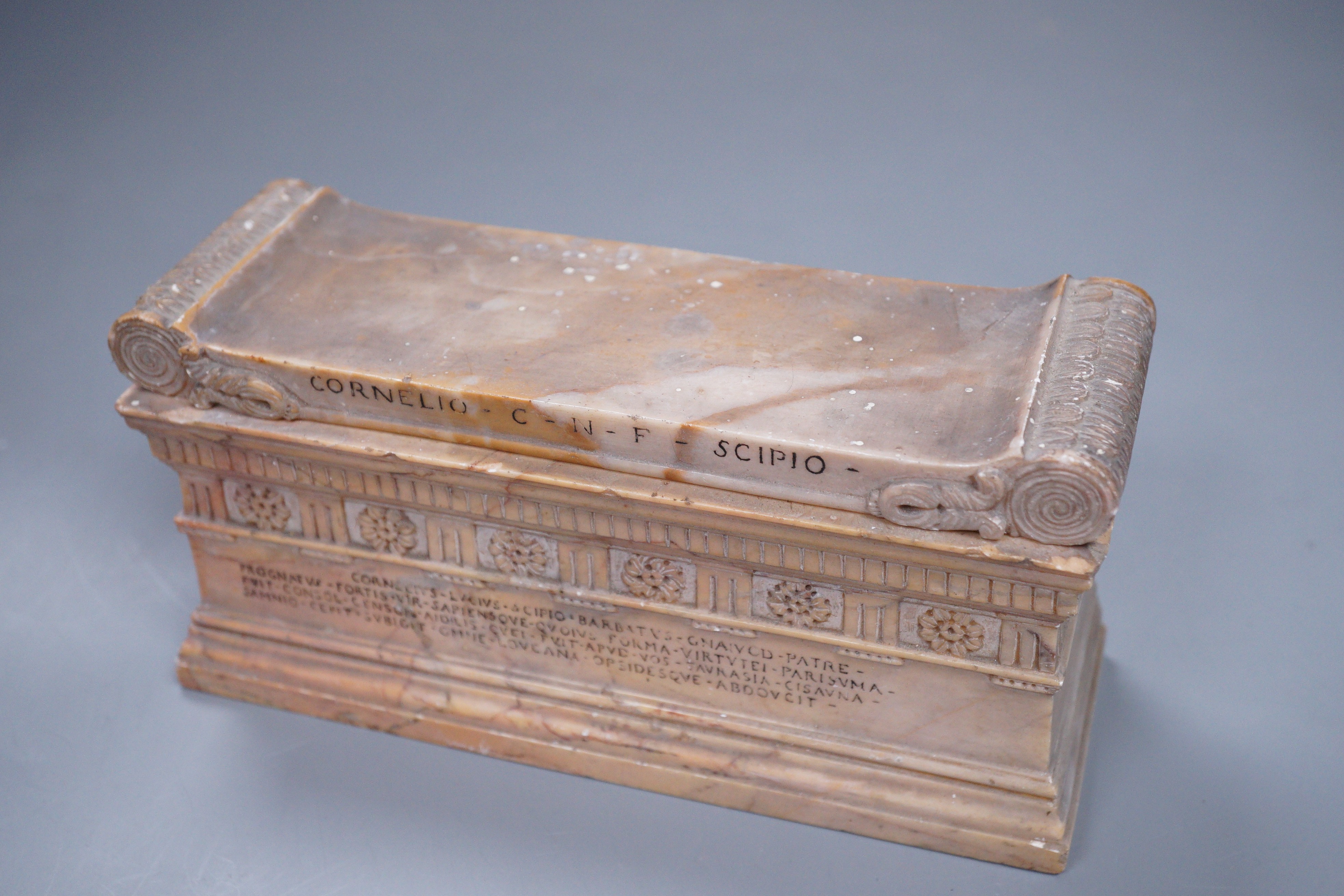 A grand tour style carved marble sarcophagus, 17cm